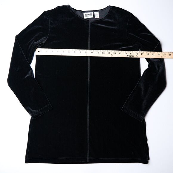 Chico’s Women’s Size 0 XS Black Velvet Stretch Top Round Neck Long Sleeve Slit - Picture 5 of 6